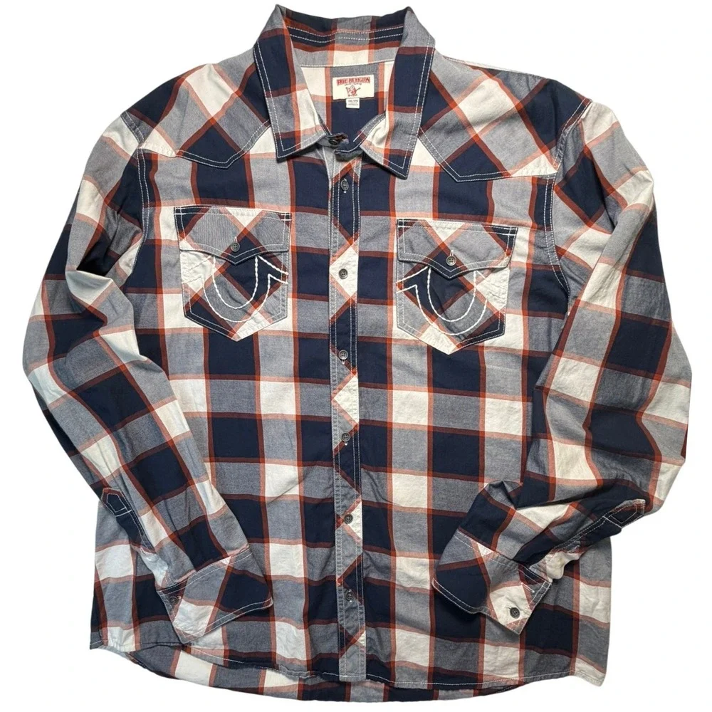 True Religion Cotton Flannel Shirt Mens 2XL Blue Orange Western Horseshoe Pocket